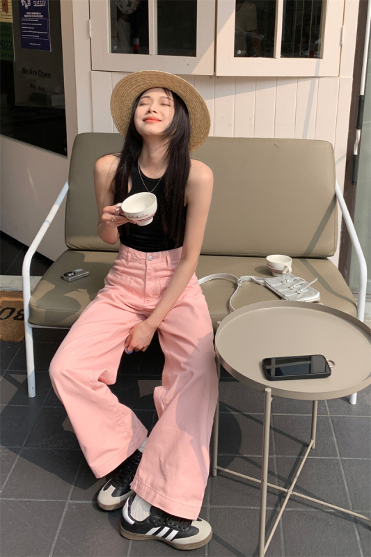 Real Shot Pink High Waist Straight Spring Loose Slim Wide Leg Jeans