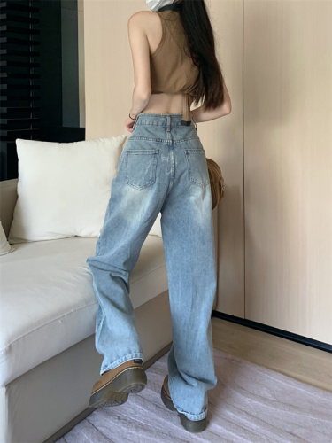 Real shot high waist wide leg jeans women's  spring and autumn new loose straight mopping pants look thin and small