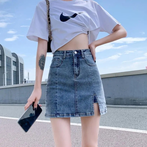  summer elastic denim skirt skirt women's high waist anti-light a-line short skirt hakama slit bag hip skirt