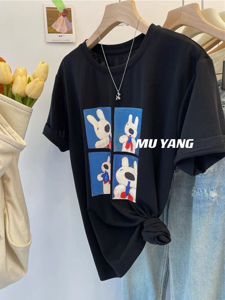 Official picture real price back bag collar pure cotton 300 catties large size printed short-sleeved t-shirt women's summer loose half-sleeved top