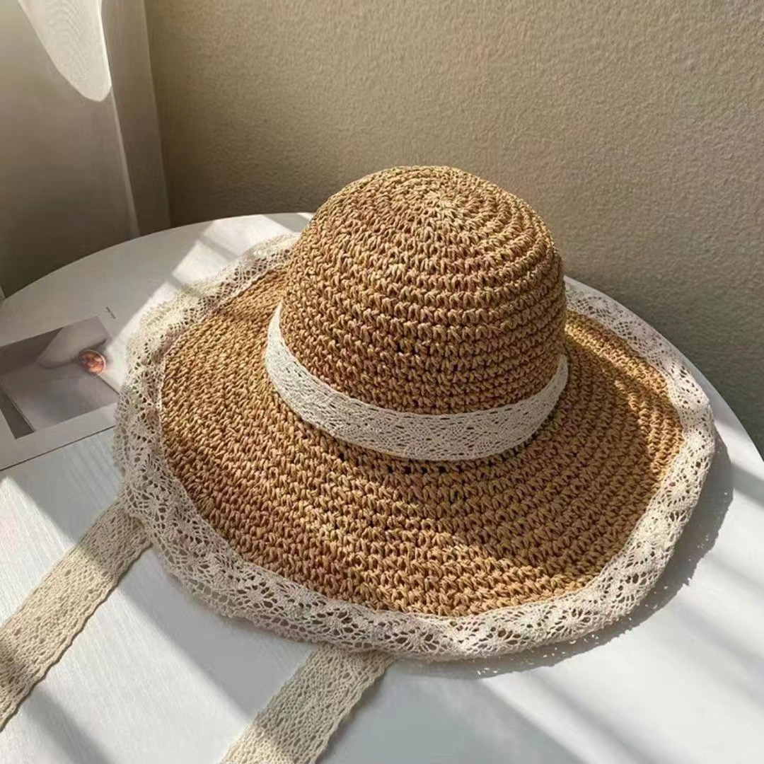 Non-real shot~2023 summer sun protection hat raffia sun hat women's pastoral style lace edge sun hat vacation straw hat
