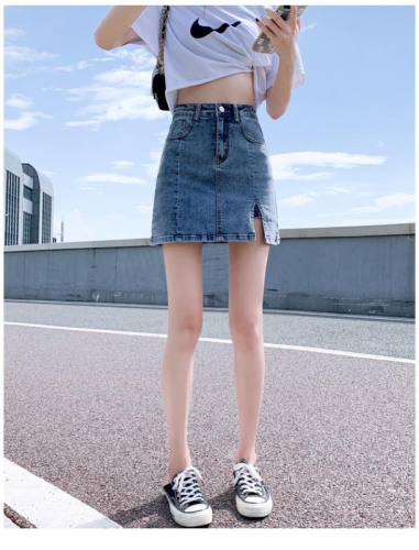  summer elastic denim skirt skirt women's high waist anti-light a-line short skirt hakama slit bag hip skirt