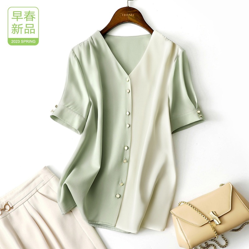 Collar Stitching Small Shirt Top Women's Summer New Shirt Simple Satin Shirt Drape Shirt