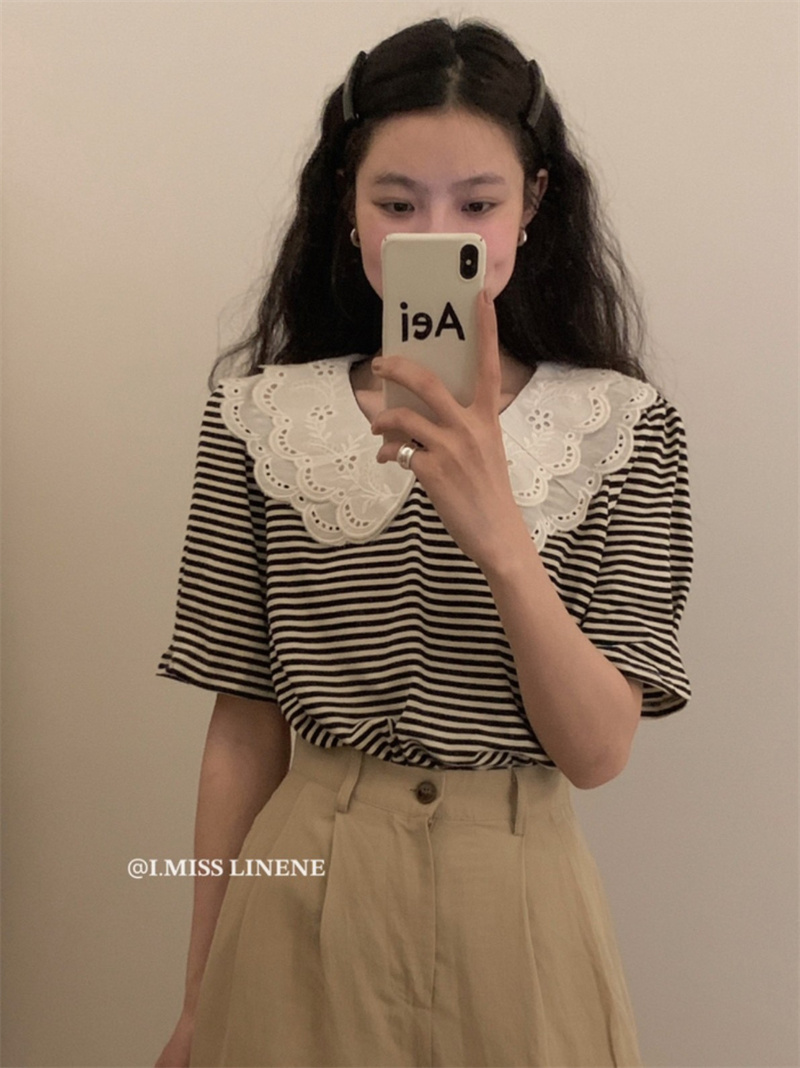 i miss doll collar striped t-shirt female short-sleeved 2023 summer new French puff sleeve lace splicing top