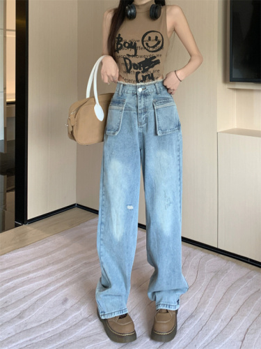 Real shot high waist wide leg jeans women's  spring and autumn new loose straight mopping pants look thin and small