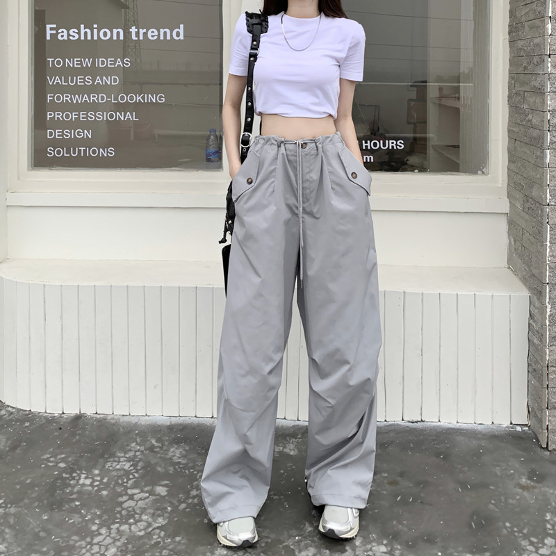 Real shot#Design sense drawstring gray casual pants tide 2023 summer new straight wide-leg thin overalls