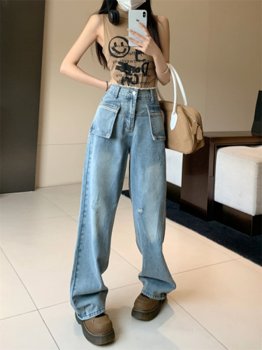 Real shot high waist wide leg jeans women's  spring and autumn new loose straight mopping pants look thin and small