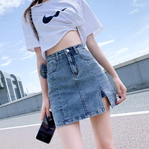  summer elastic denim skirt skirt women's high waist anti-light a-line short skirt hakama slit bag hip skirt