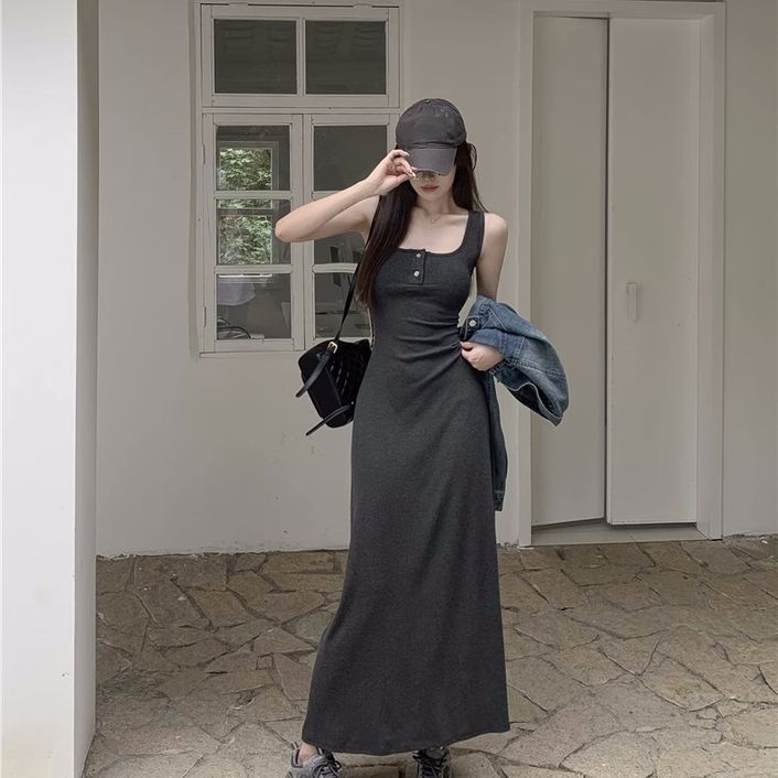 Spice Girl Knitted Camisole Dress Women's Summer New Gray Skirt A-line Waist Slim Slim Long Dress