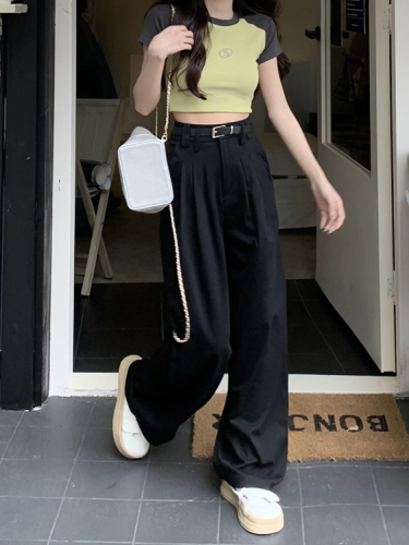 Real price loose and versatile high waisted casual pants with straight tube and belt floor mop pants