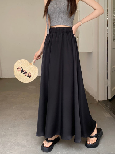 Real shot real price new Korean satin skirt elastic waist cover span slimming skirt French long skirt women