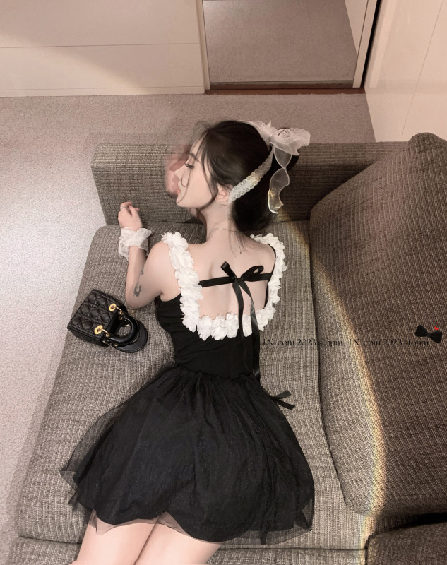 Real shot real price~ Ballet style black swan princess French flower bow tie slim dress