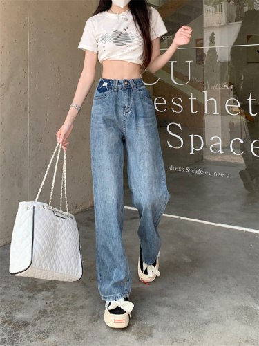 Real shot narrow version wide-leg jeans women's spring and autumn  new high-waist drape looks thin and hits color small straight-leg pants