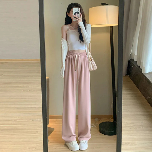 Youbing silk suit fabric pink wide-leg pants women's summer high waist drape loose straight mopping pants