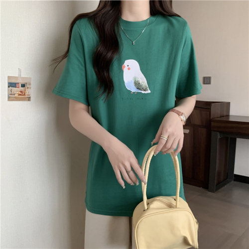 Real shot pure cotton back pack collar animal series printed short-sleeved cotton T-shirt 2023 new loose and thin women's models