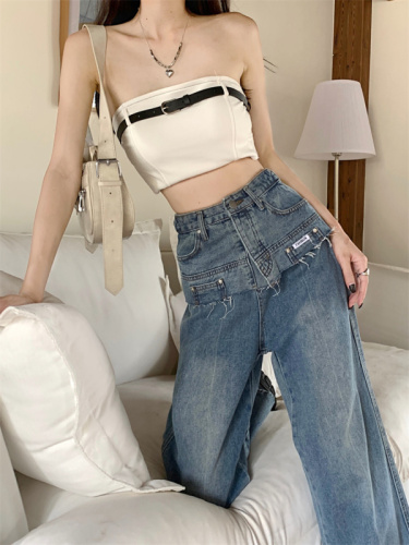 Real shot fake two-piece stitching jeans summer  new high waist raw edge mopping floor wide-leg trousers women's clothing