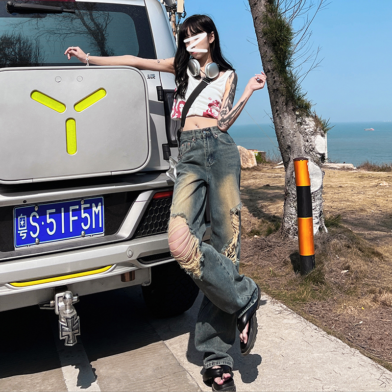 Real shot 2023 summer new wide-leg jeans women's high waist fashion straight loose wide-leg mopping pants
