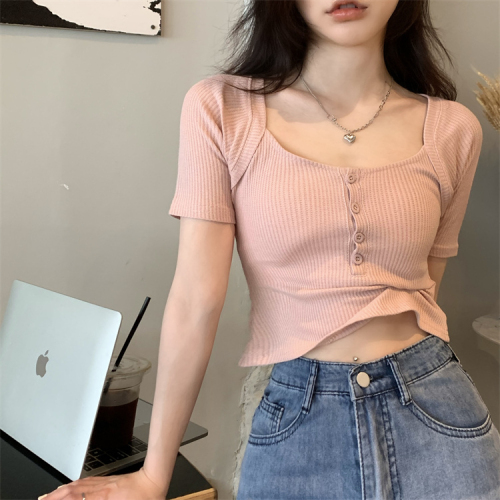 Official picture cotton rib 93% polyester 7% spandex pink T-shirt women's short tight sweet and spicy top