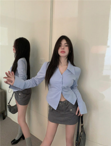 Real price~Pure Desire Hot Girl Sexy Single-breasted Button Down Waist Slim Lapel Shirt + Low Waist Design Short Skirt