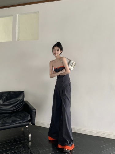 Real shot real price ins fashionable suit contrasting color design sense tube top high waist loose wide leg pants casual mopping trousers