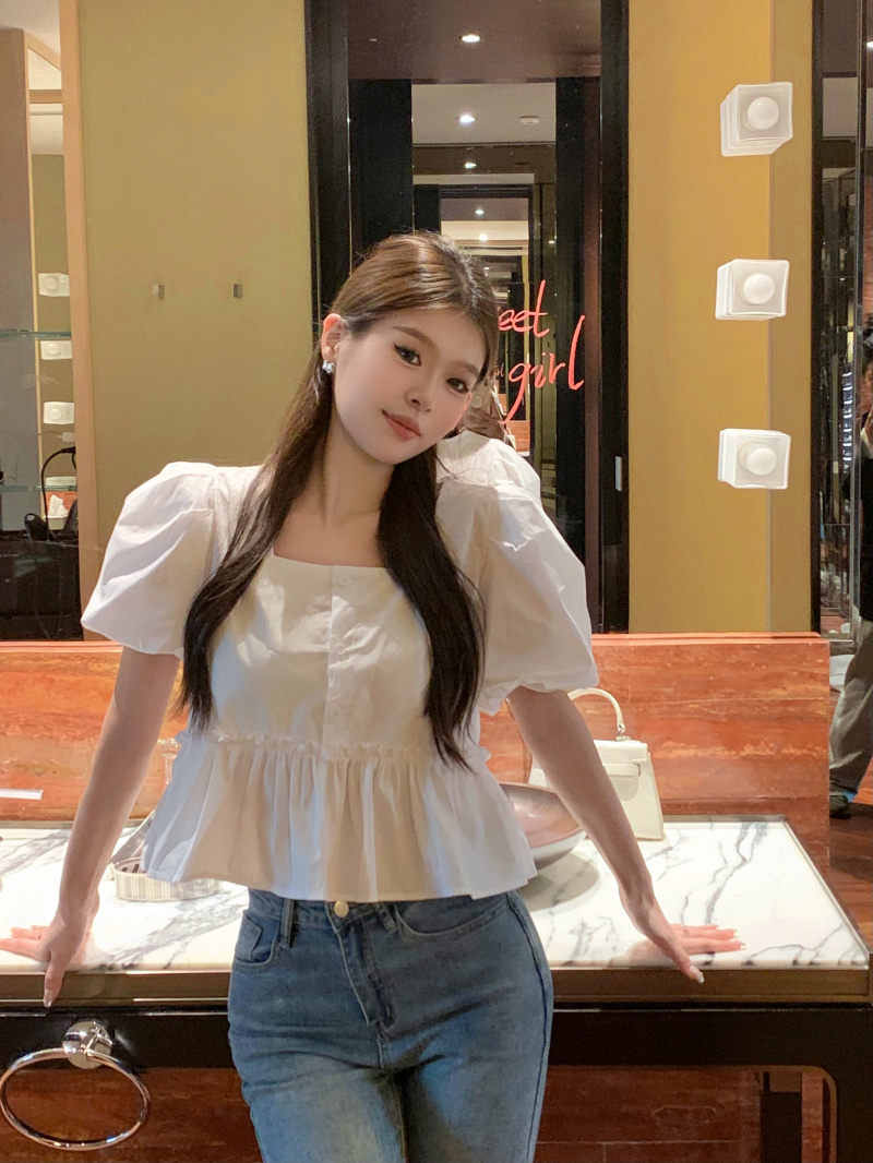 Real shot real price summer French square collar short-sleeved shirt new design puff sleeve chic shirt top