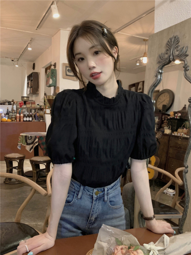 Real shot real price simple French pleated puff sleeve top women's retro niche chic shirt loose shirt