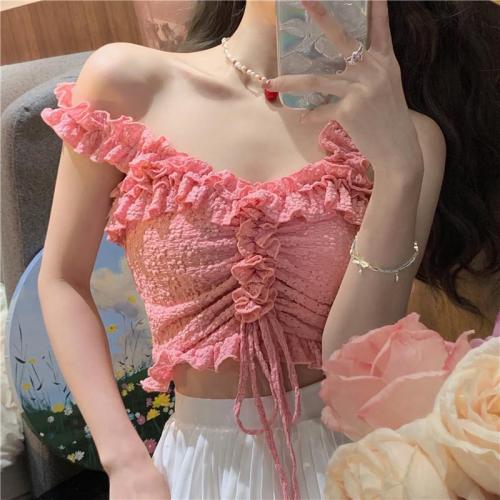 Spring and summer Korean version 2023 new pure desire wind self-cultivation was thin short section pure color pleated lace drawstring vest camisole female