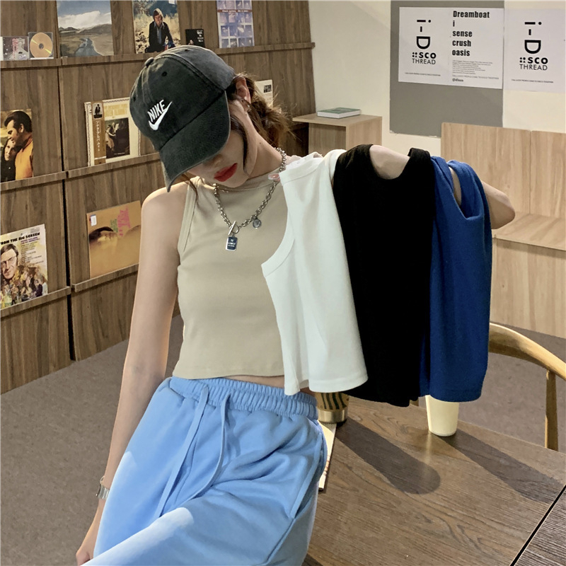 American style small round neck slim navel exposed short vest vest hot girl camisole top