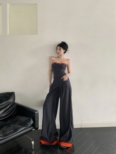 Real shot real price ins fashionable suit contrasting color design sense tube top high waist loose wide leg pants casual mopping trousers