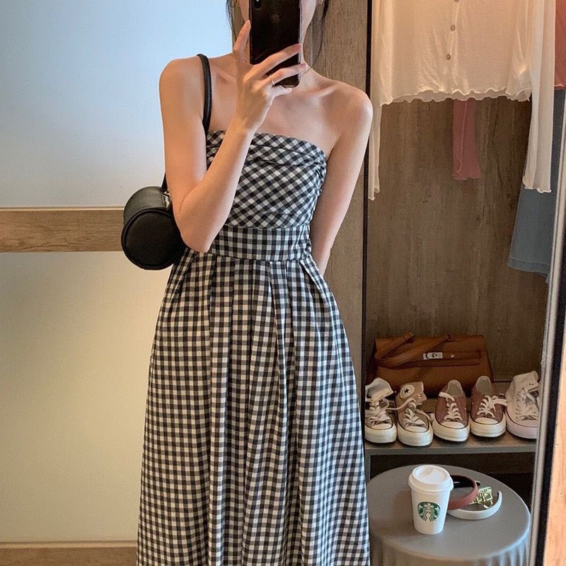 SOLO burst black and white plaid French fashion tube top dress summer new irregular wrap chest long skirt suit female
