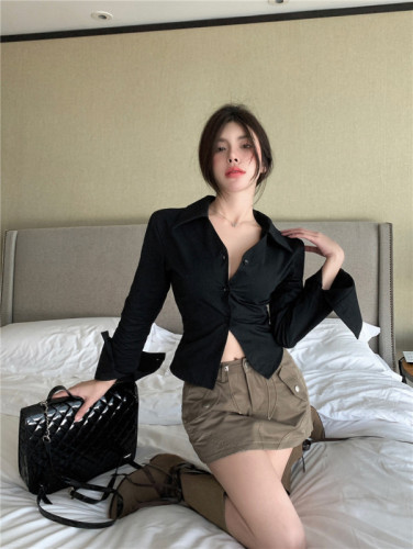 Real price~Pure Desire Hot Girl Sexy Single-breasted Button Down Waist Slim Lapel Shirt + Low Waist Design Short Skirt