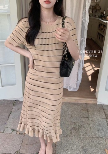 23 Korean style gentle ruffles short-sleeved knitted dress spring and summer comfortable bead striped dress