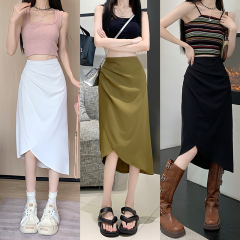 Real price real price 2023 summer new irregular wrinkled slit skirt women's high waist design sense package hip A-line skirt