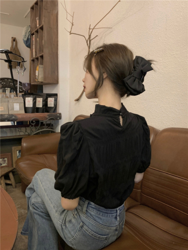 Real shot real price simple French pleated puff sleeve top women's retro niche chic shirt loose shirt