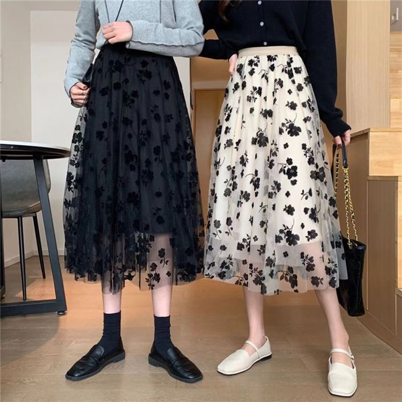 Original fabric, lined Floral skirt High-waisted A-line mesh midi skirt