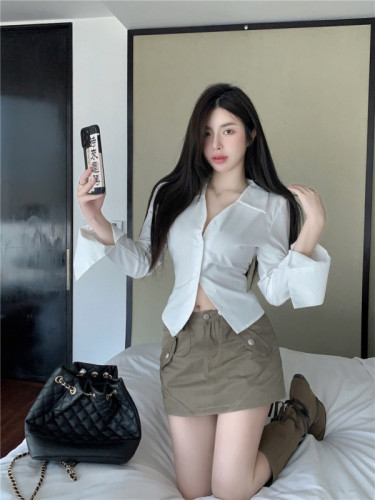 Real price~Pure Desire Hot Girl Sexy Single-breasted Button Down Waist Slim Lapel Shirt + Low Waist Design Short Skirt