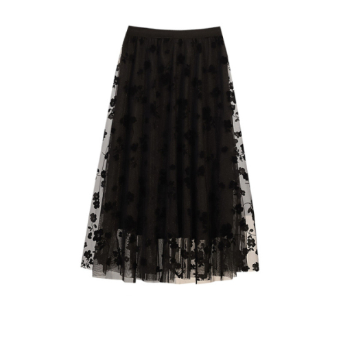 Original fabric, lined Floral skirt High-waisted A-line mesh midi skirt