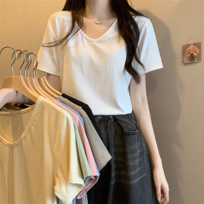 Real shot real price summer v-neck t-shirt women's short-sleeved loose solid color design sense niche top