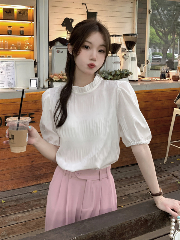 Real shot real price simple French pleated puff sleeve top women's retro niche chic shirt loose shirt