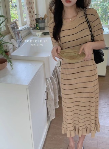 23 Korean style gentle ruffles short-sleeved knitted dress spring and summer comfortable bead striped dress