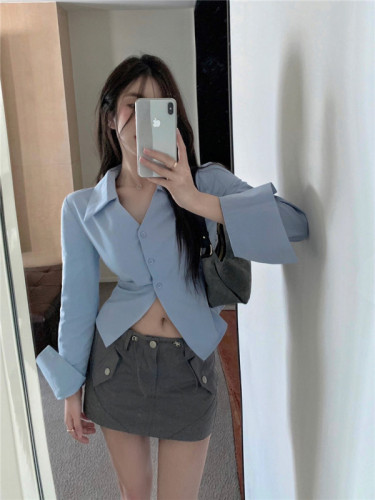 Real price~Pure Desire Hot Girl Sexy Single-breasted Button Down Waist Slim Lapel Shirt + Low Waist Design Short Skirt