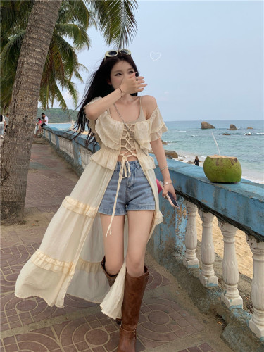Real shot real price Yi Mengling same style beautiful back + long tie cardigan slimming high-end one-shoulder dress
