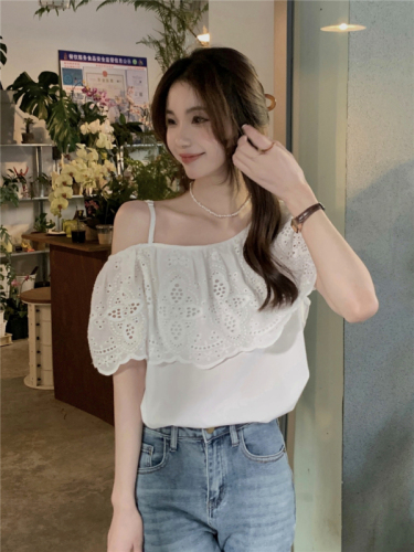 Real shot real price French retro temperament ruffled off-shoulder shirt small fresh and sweet one-word collar white top