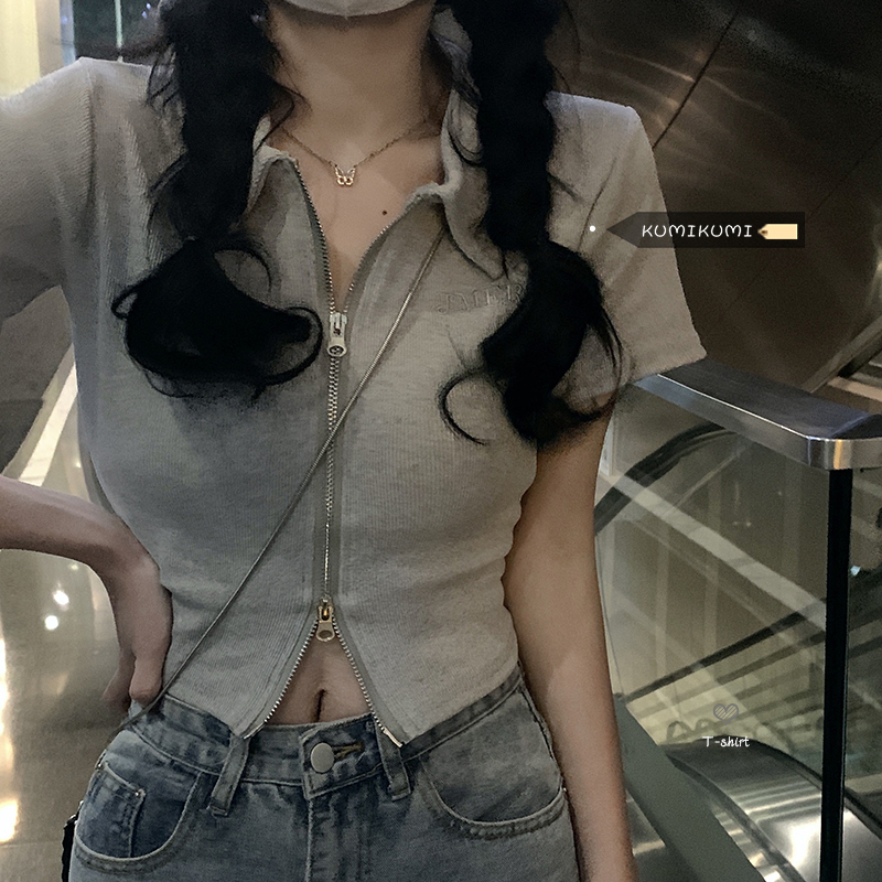 Original quality gray polo collar short T-shirt women 2022 summer design sense double zipper short-sleeved top