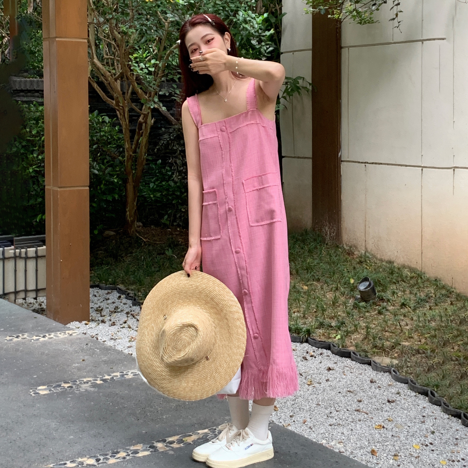 Real shot, small fragrance, slub, raw edge, little princess pink, raw edge fringed suspender skirt