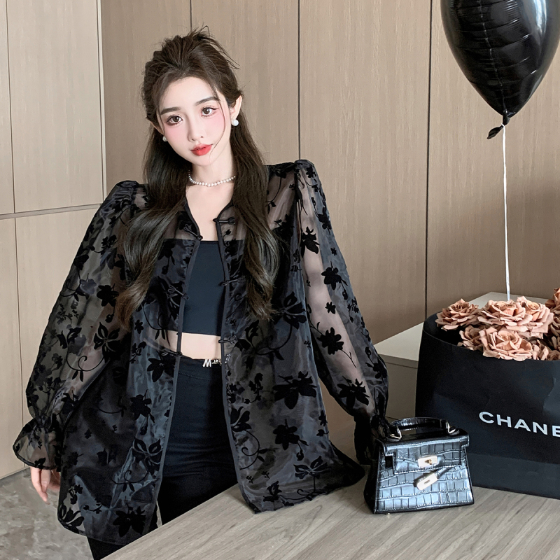 Real shot air high-level design sense flocking puff sleeve national style sunscreen top women's fashion