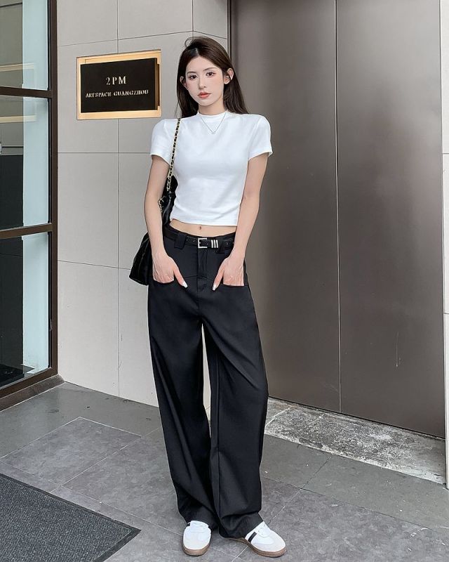 Real shot 2023 summer European and American yuppie style pocket design high waist slim wide leg pants loose drape floor mopping suit pants