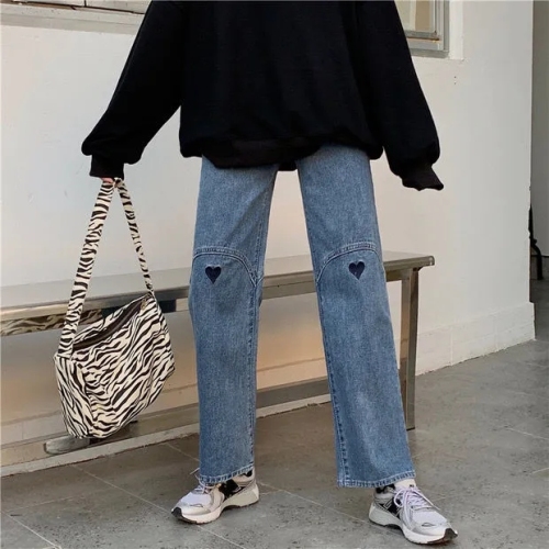 Large size fat mm embroidery love straight wide leg jeans women's new spring and autumn high waist loose thin all-match pants