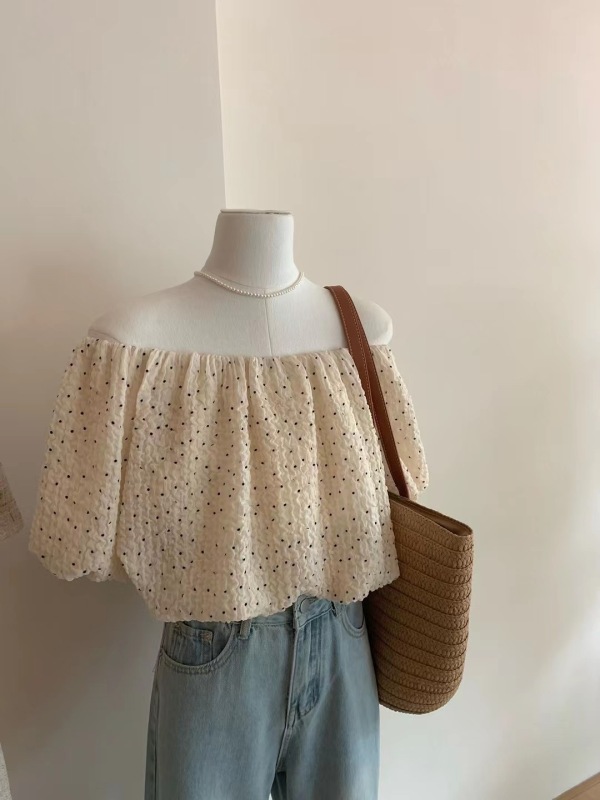 Real shot ~ 2023 summer new Korean style small fresh short one-word collar polka-dot shirt