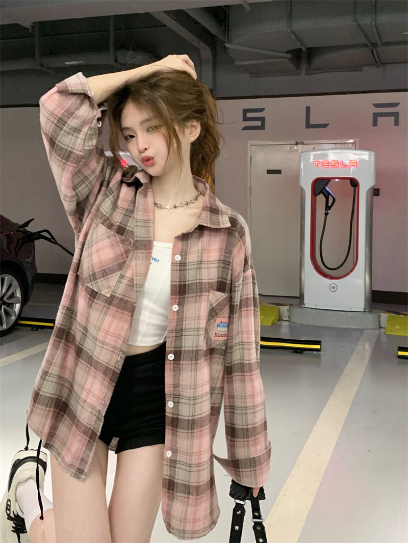 Real shot Lazy, gentle and windy style wearing jacket ins Hong Kong style female 2023 long-sleeved sunscreen polo plaid shirt